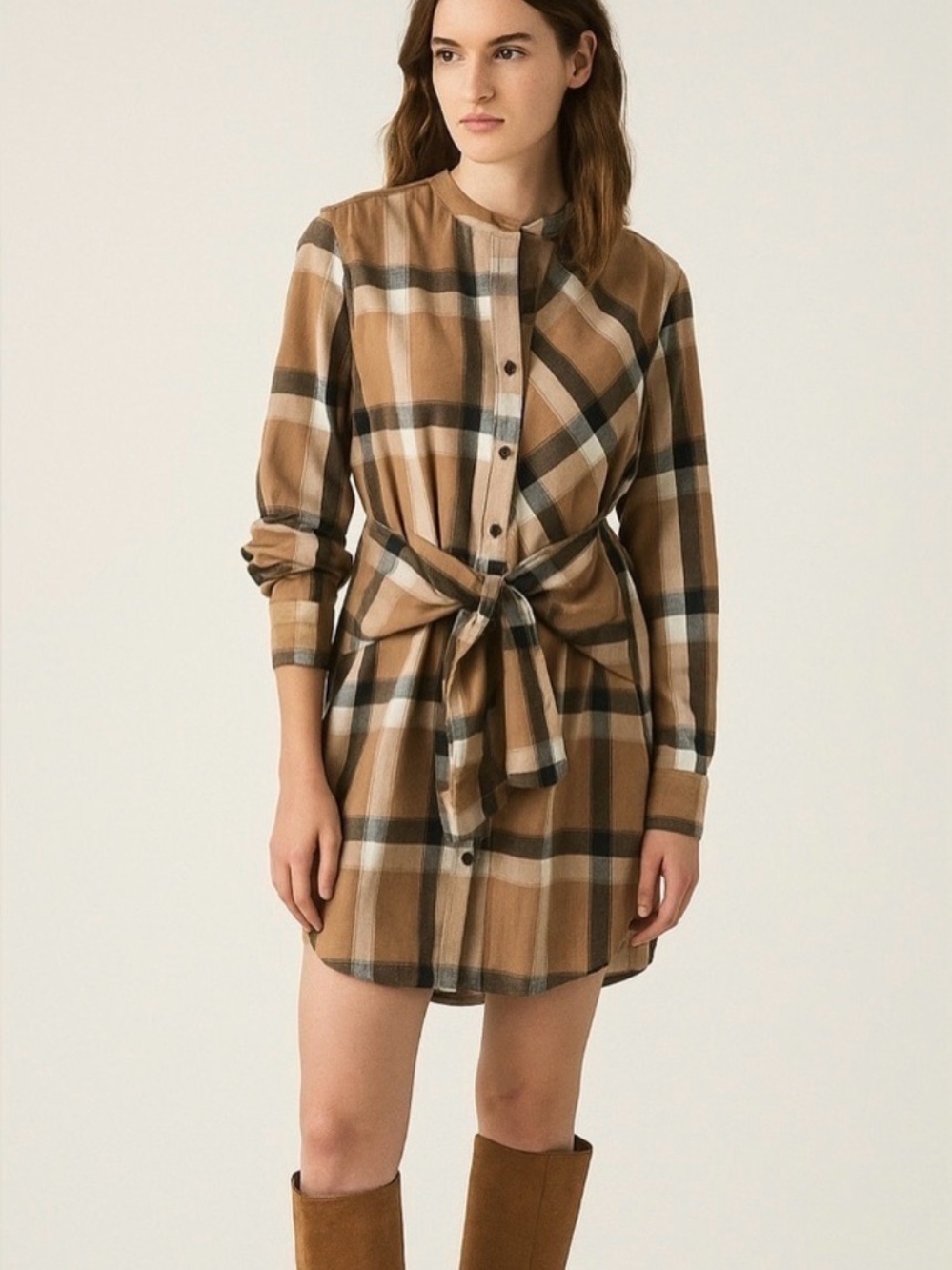 Derek Lam Plaid Henley Shirt Dress in Camel, Black and Cream